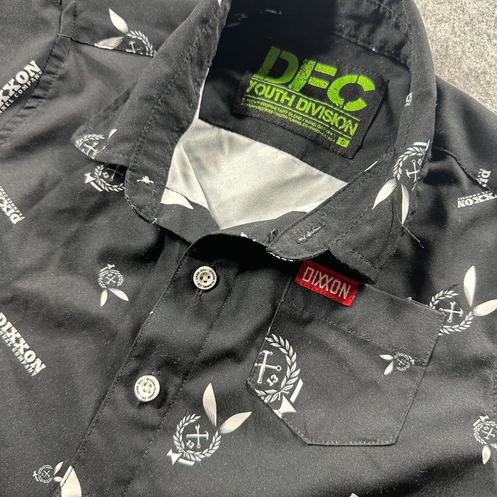 Dixxon Flannel Co Button Down Shirt Youth Small Black Logo Graphic Short Sleeve